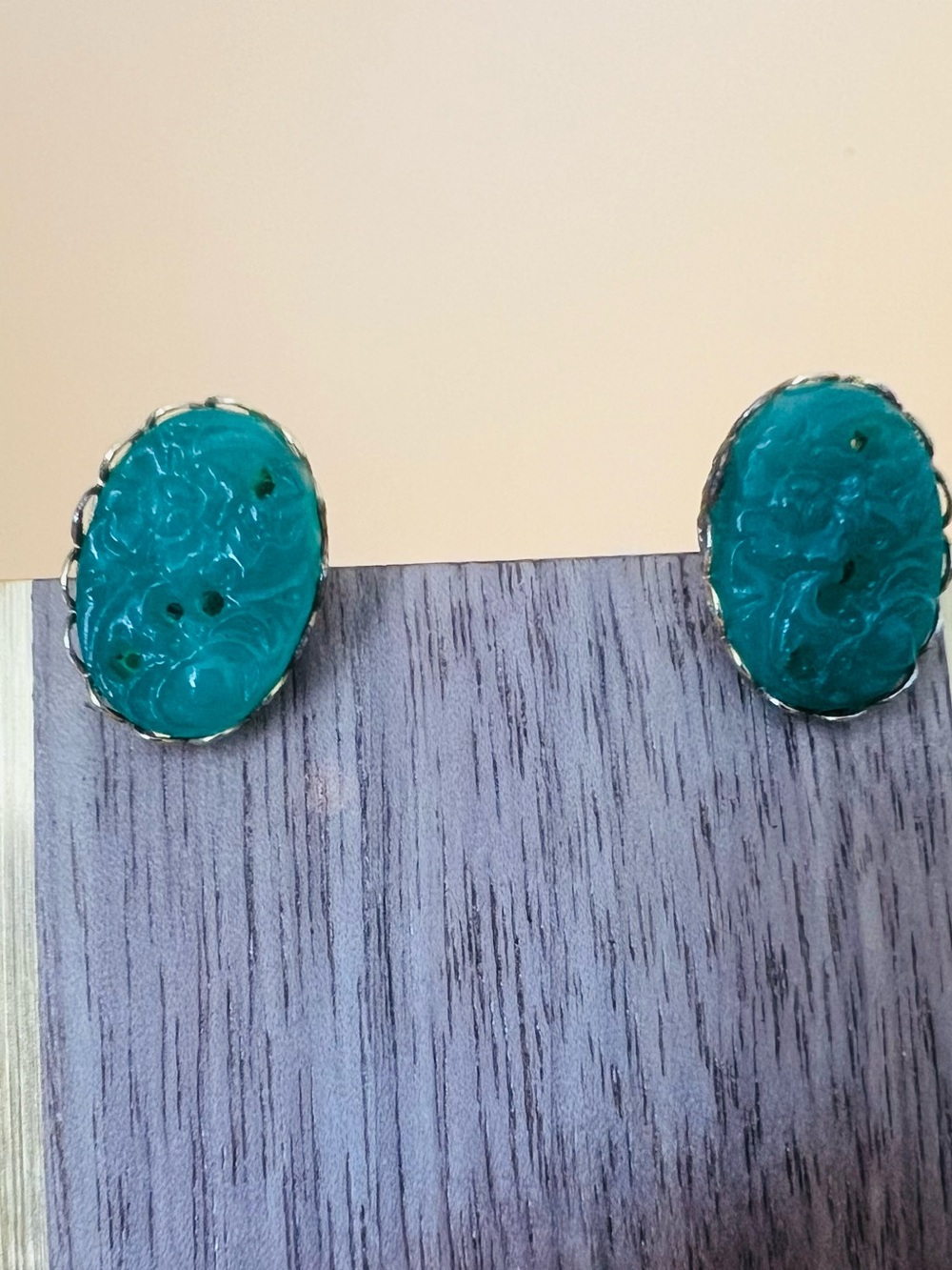 Vintage Green screw on earrings carved design in gold tone